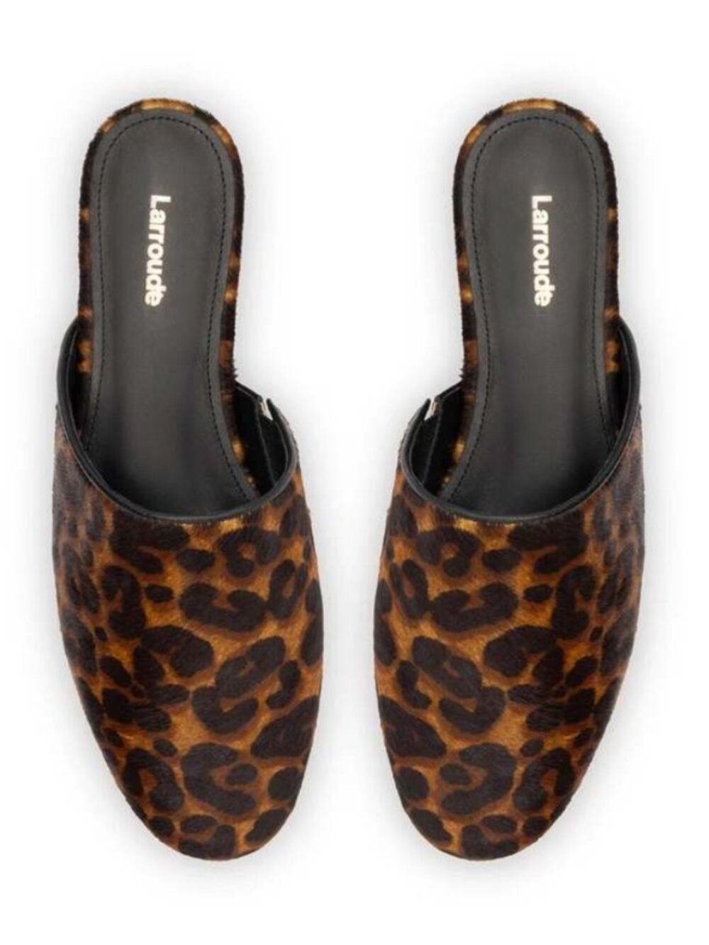 Larroudé Venice Flat Mules in leopard print calf hair 7.5
